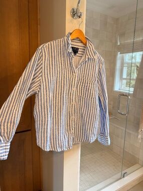 J Crew Beachy Blue & White Striped Gauze Button-Up Shirt